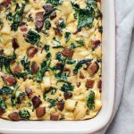 Breakfast Casserole with Bacon, Sausage, Sweet Potatoes, and Kale (Paleo, Dairy free)