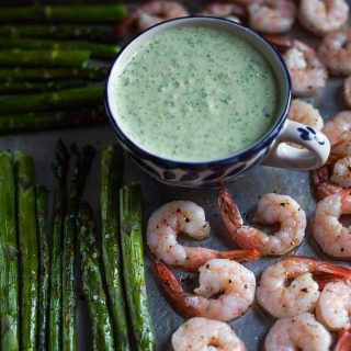 Roasted Shrimp and Asparagus with Green Goddess Dressing (Paleo, Whole30)