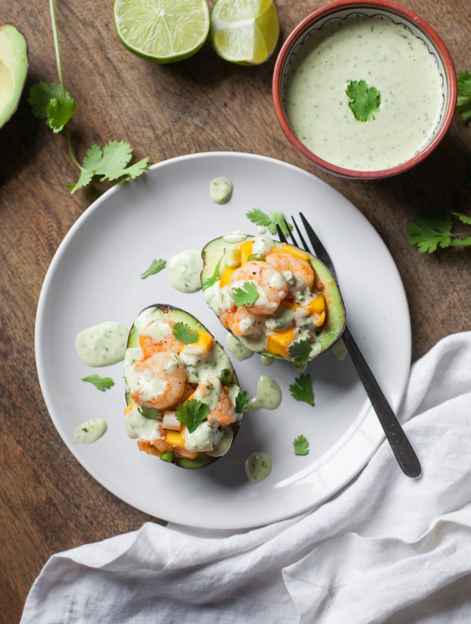 Stuffed Avocados with Shrimp and Mango + Jalapeño Aioli