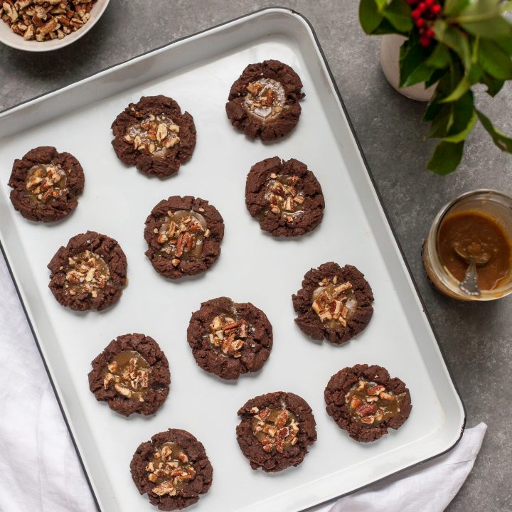 Chocolate Almond Butter Thumbprints with Maple Caramel (Gluten free, Grain free)
