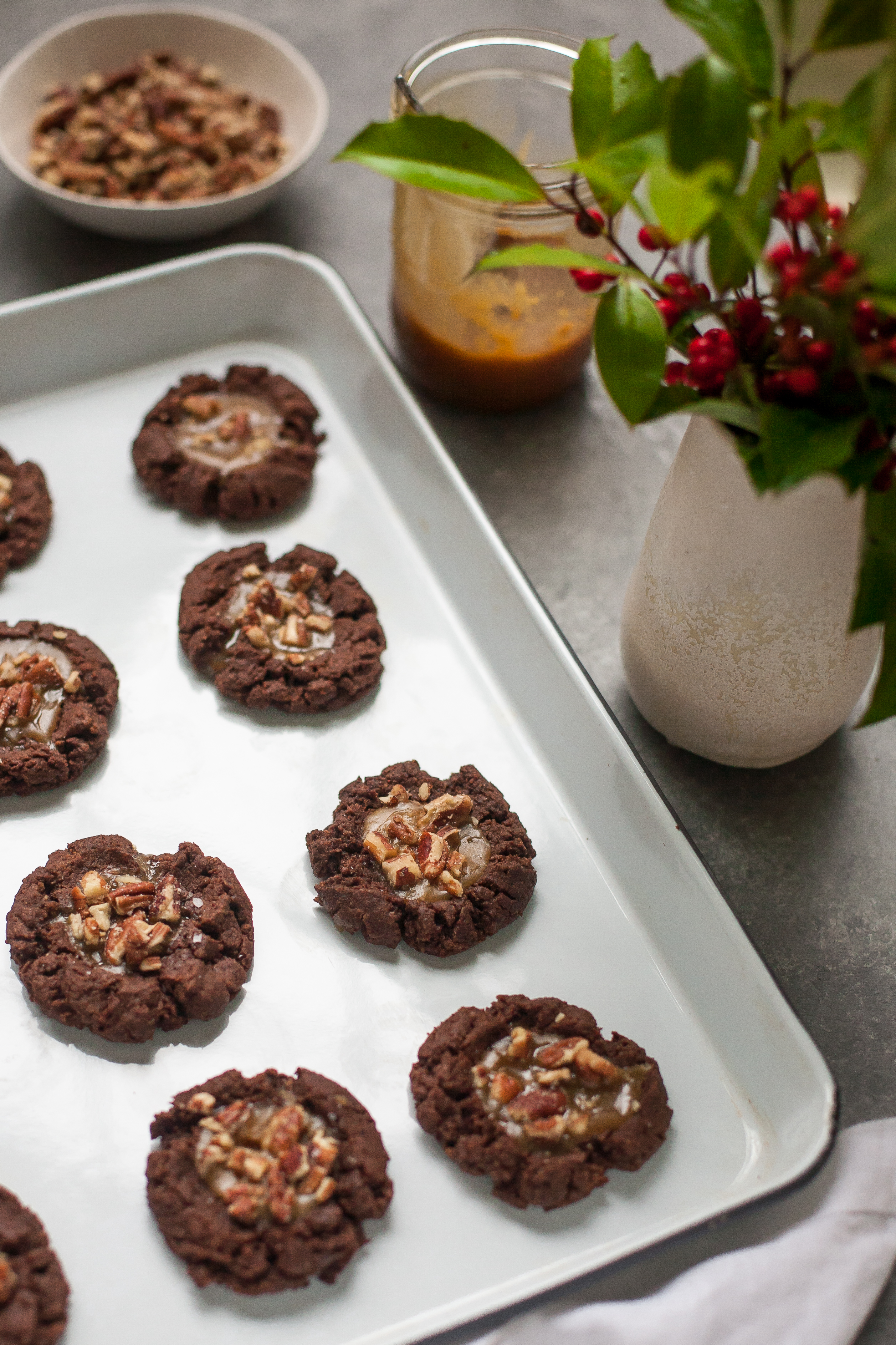 Chocolate Almond Butter Thumbprints with Maple Caramel (Gluten free, Grain free)