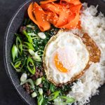 Sesame Kale and Beef Rice Bowls with Fried Eggs and Pickled Carrots