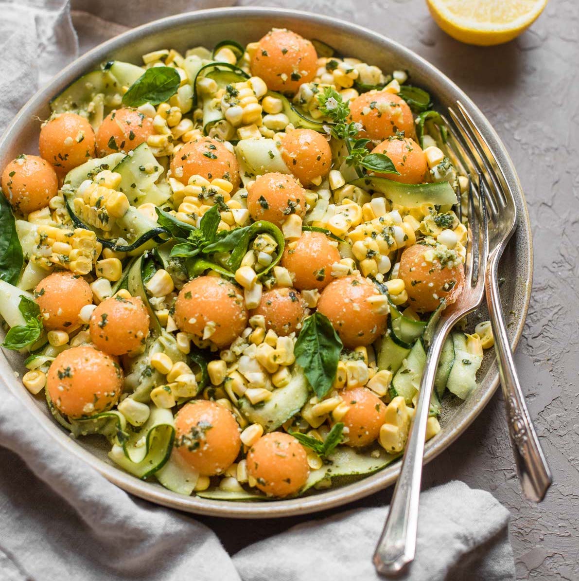 Cantaloupe, Corn, and Zucchini Salad with Lemony Pesto - A Calculated Whisk