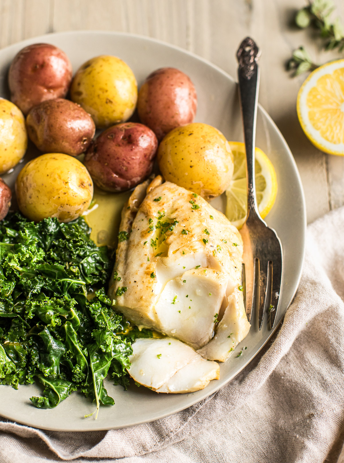 Alaska Sablefish Poached in Brown Butter with Baby Potatoes & Kale