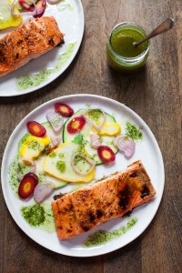 Caramelized Salmon with Basil Chile Oil and Quick-Pickled Vegetables (Paleo, Gluten free)