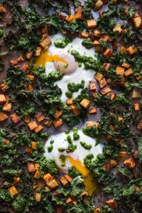 Sheet Pan Baked Eggs with Sweet Potatoes, Kale, & Cilantro-Pepita Pesto (Paleo, Whole30)