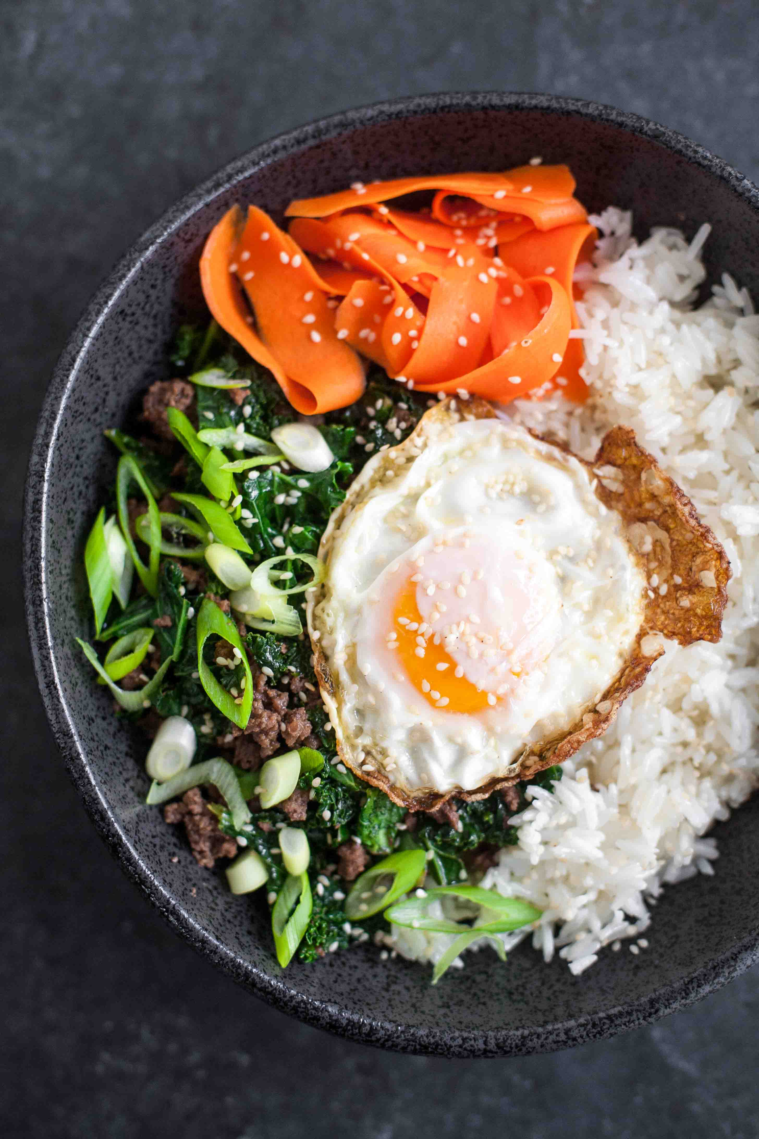 Sesame Kale and Beef Rice Bowls with Fried Eggs and Pickled Carrots